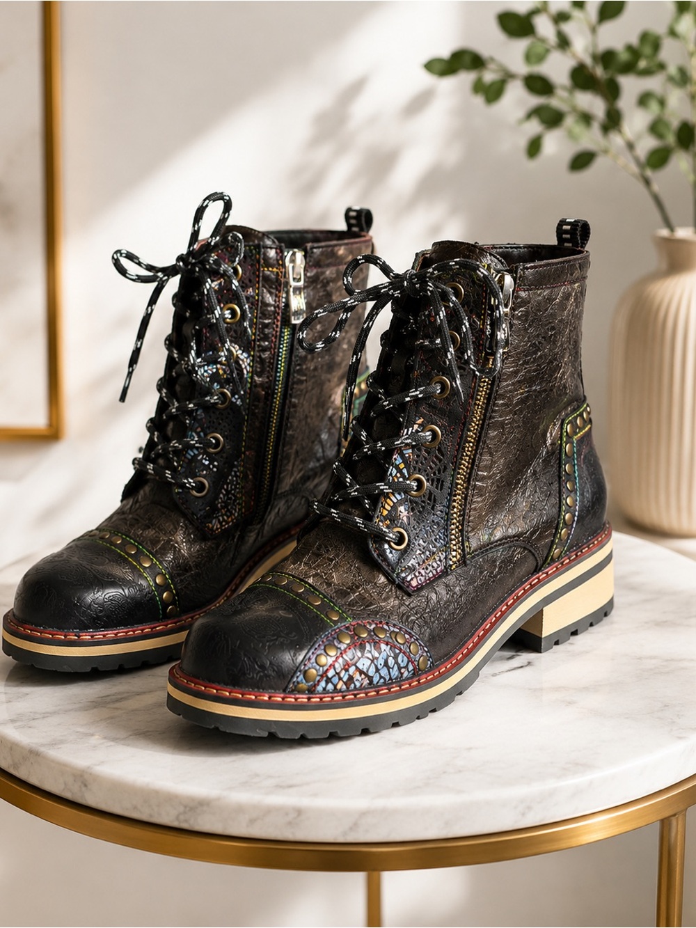 Women's Black Leather Lace-Up Combat Boots with Accent Trim - Picture 2 of 3